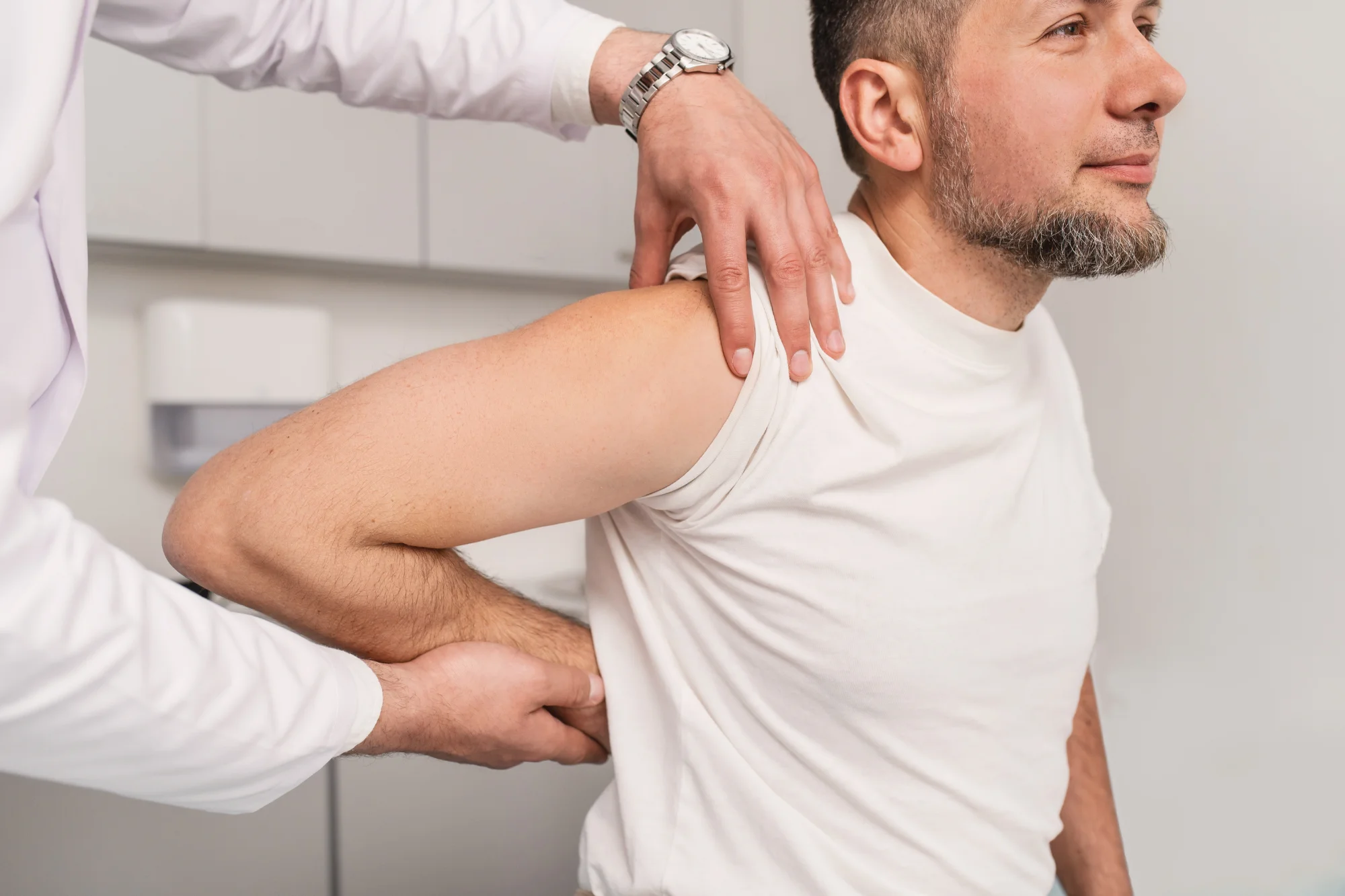 Traumatologist, Examines, Shoulder, Elbow, Male, Patient